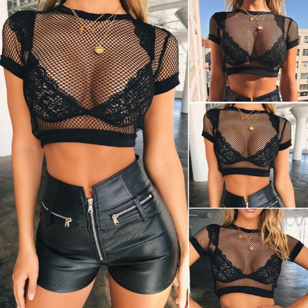 

womens short sleeve clothes crop mesh fishnet stretch vest holed t-shirt summer ladies bikini cover up beachwear swim, Blue;gray