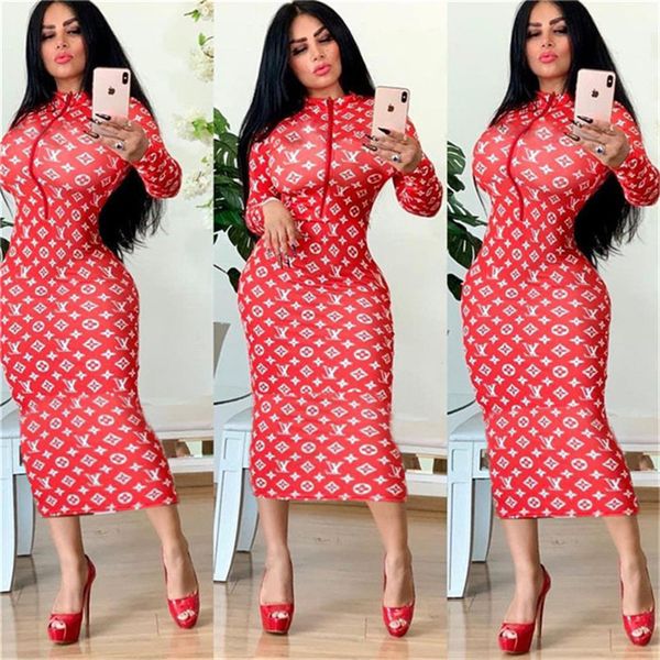 

мода повседневная длинные темперамент платье печатные буквы простой с длинным рукавом на молнии тощий-линии форма юбка женский fit body, Black;gray