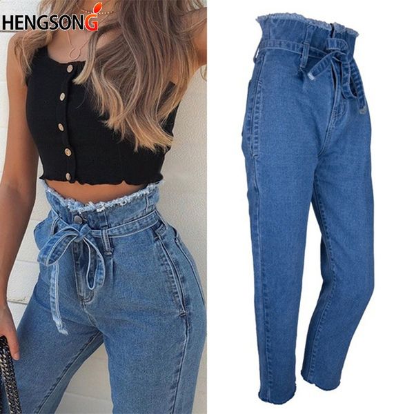 

2019 spring autumn denim jeans women high waist winter jeans femme streetwear tassel straight female cowboy denim pants, Blue