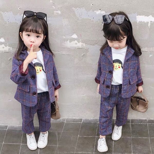 

baby girl clothes spring and autumn cotton houndstooth sets plaid suit 2-piece suit 2020 new toddler girl clothes 12month-6 year, White