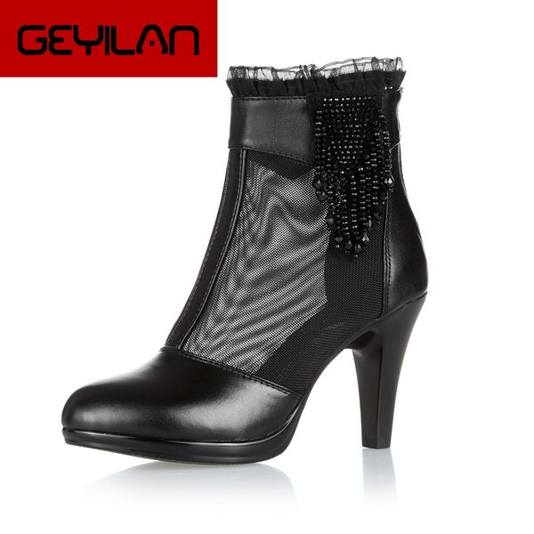 

2019 new autumn ankle boots high heels genuine leather women shoes lace gauze cut out lady summer sandals woman, Black