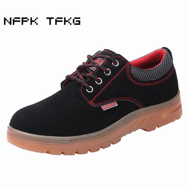 

men leisure breathable steel toe caps working safety shoes soft leather anti-pierce sneakers building site security boots zapato, Black