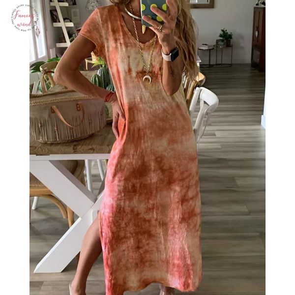 

womens summer t shirt style tie dyeing maxi dress ladies short sleeve casual loose holiday dress plus size s 2xl, Black;gray