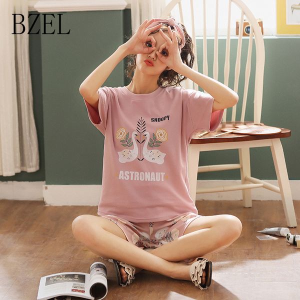 

bzel 2019 new cartoon pajama sets women short sleeve sleepwear summer loungewear set female nightwear kawaii pijama set lingerie, Blue;gray