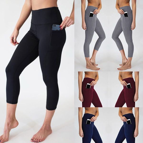 

high waist yoga nine-piece trousers wish pure color mobile phone pocket lady yoga pants cross-border fitness pants girl, White;red