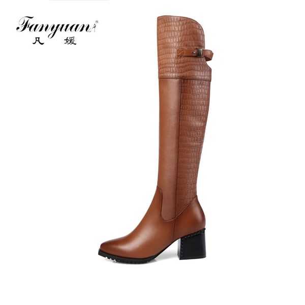

fanyuan solid rivet high heel knee-high boots punk hasp shoes side zipper pointed toe boots fashion genuine leather riding, Black