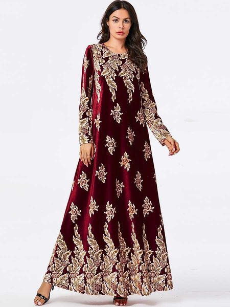 

mc207827 large size women's green gilded printing sleeve casual gold velvet long muslim women islamic dress abaya, Red