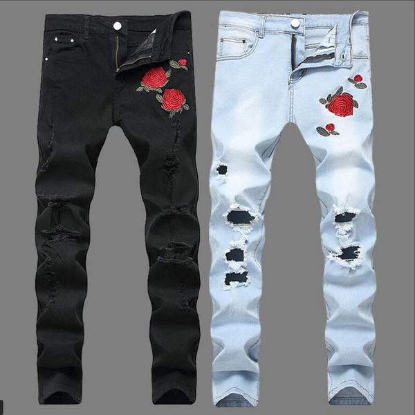 

men's rose embroidered slim jeans patchwork fashion hole hit color jeans pencil pants denim pants man cowboys demin, Blue