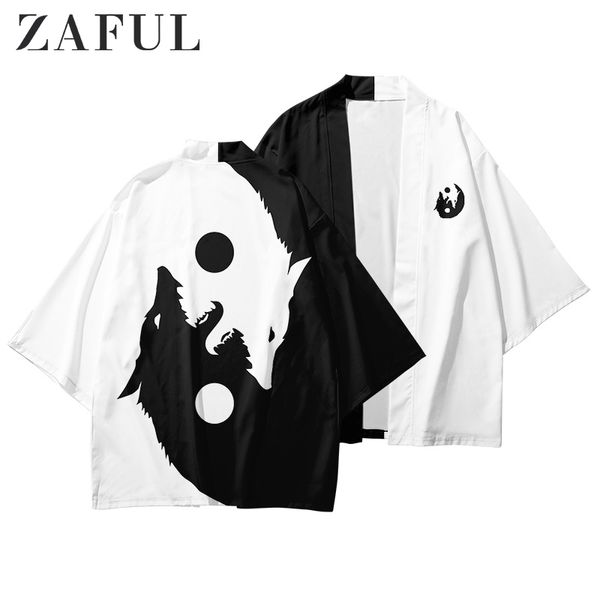 

zaful men shirts roaring moon wolf print open front kimono cardigan three quarter sleeve animal beach halloween casual shirts, White;black