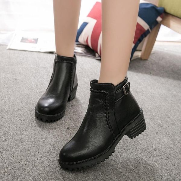 

2018 autumn women boots leather high-heeled boots women's shoes solid thick ankle short single shoes, Black