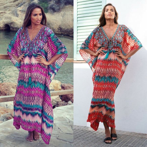 

women beachwear swimwear floral print bikini cover-ups beach wear cover up loose ladies boho v-neck summer dress sundress, Blue;gray