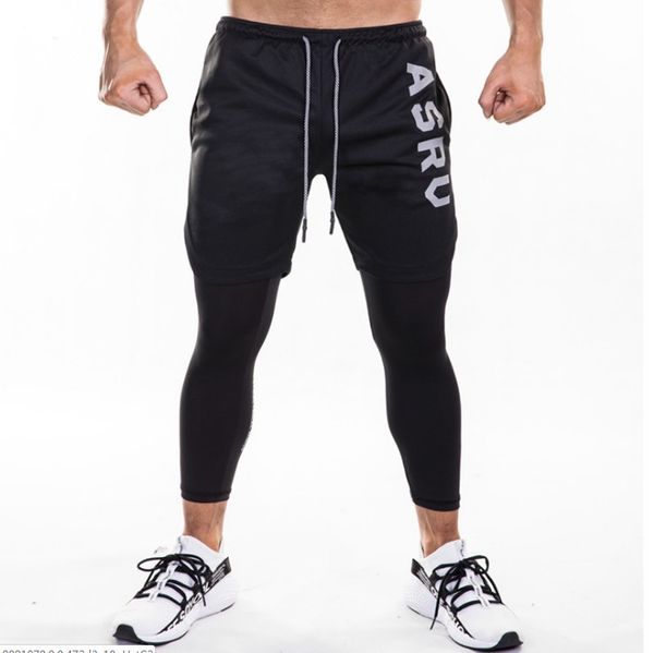 

new fake 2 in 1 men's calf length pants gyms fitness tight elastic pants quick-drying leggings men, Black