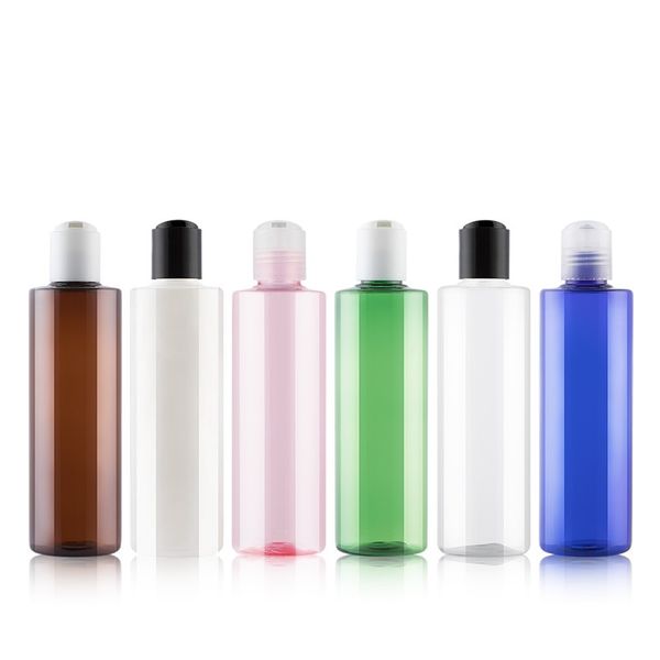 (40 pçs / lote) 250ml rosa / verde / azul plástico vazio embalagem cosmética garrafas de viagem 250cc com tampa superior de disco