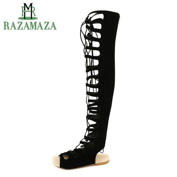 

razamaza size 32-46 women summer boots over knee fashion cross strap shoes women peep toe flats leisure casual footwear, Black