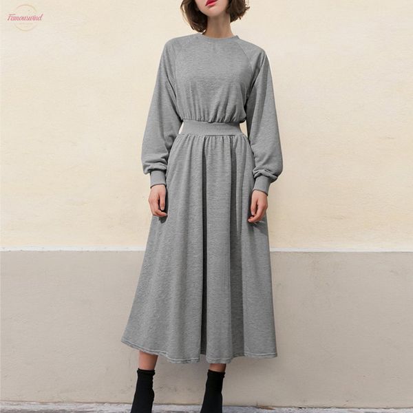 

a line 2020 women dress casual solid loose pullover long sleeve long sweatshirt thin plus size winter dress drop shipping, Black;gray