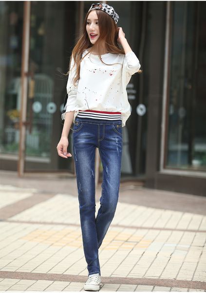 

dark blue female loose show thin elastic waist straight jeans han edition joker