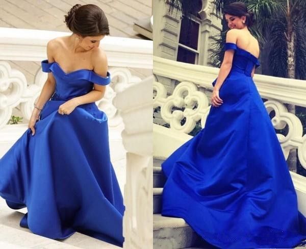 2018 cetim azul royal vestidos de baile simples com delicadas flores feitas à mão fora do decote do ombro puffy a line sweep trem vestidos de noite