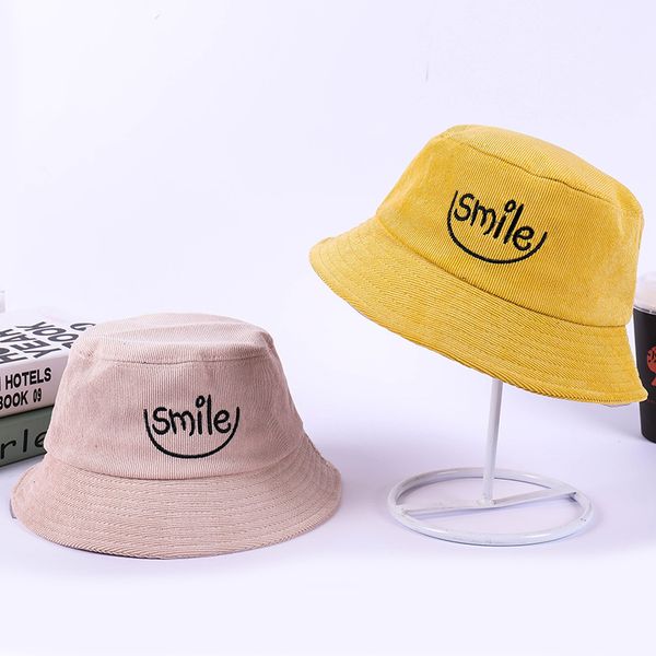 

ounian004 new spring women casual corduroy bucket hat men adjustable panama cap smile embroidery sun cap gorros