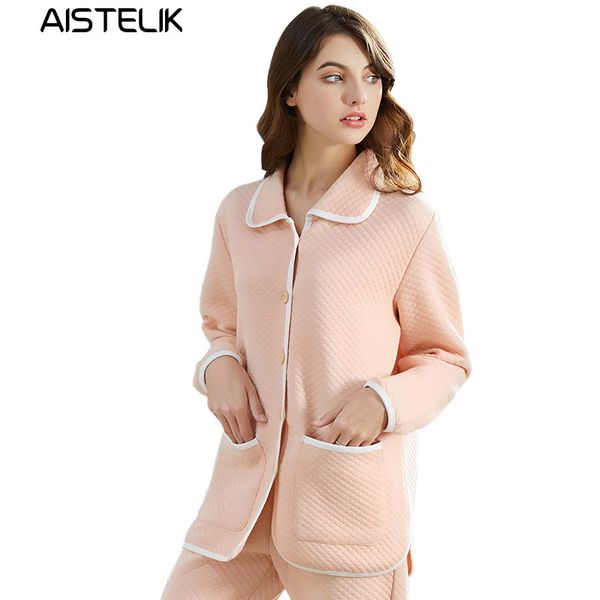 

autumn and winter women's pajamas cotton air layer quilted cardigan ladies' pajamas set home service of pyjamas sleepwear, Blue;gray