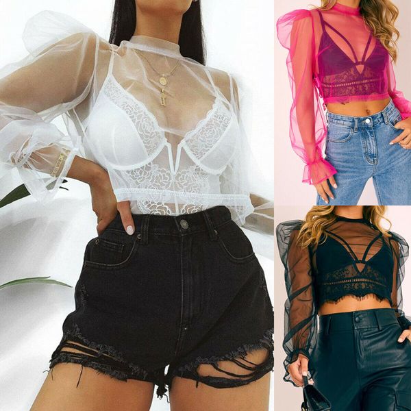 

summer retro women ladies mesh sleeve crop summer arrival puff sleeve see though skinny blouses women pullover shirts