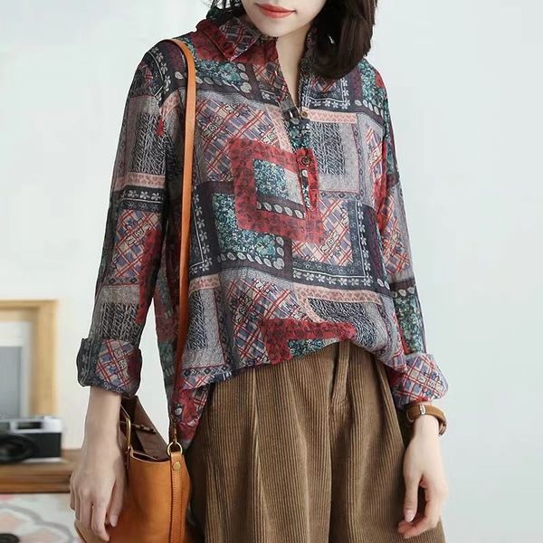 

autumn printed vintage blouse turn down collar long sleeved cotton linen shirt loose women all-match spring clothes 2020, White