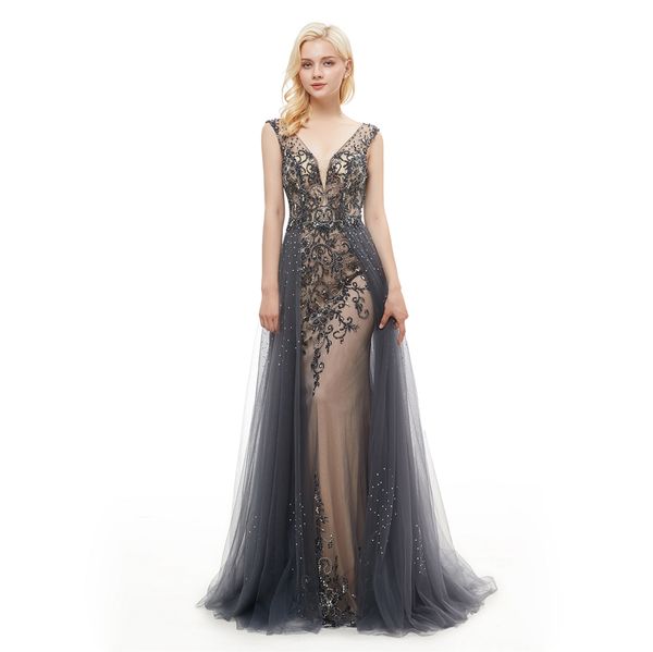 Acheter Robes De Bal élégante Femmes Bal Robes De Soirée Party Mariage Gris Tulle Perles De Cristal Sirène Longue Balayage Cou Train V Backless De
