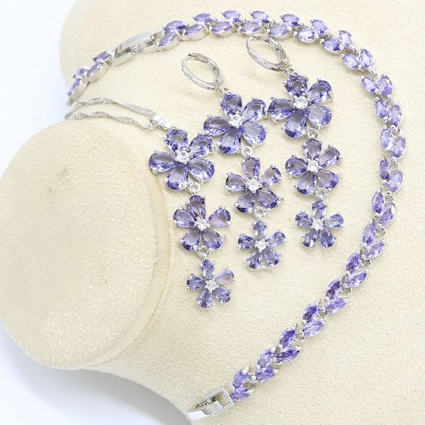 

purple cubic zirconia silver jewelry set for women popular bracelet earrings necklace pendant birthday gift