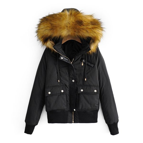 

omikron winter vintage casual fur collar hooded parkas jacket women style outdoor thick warm waterproof outerwear zipper parkas, Black