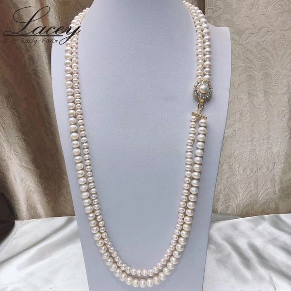 

handmade real pearl necklace for women,two rows freshwater pearl long necklace flower sweater jewelry, Silver