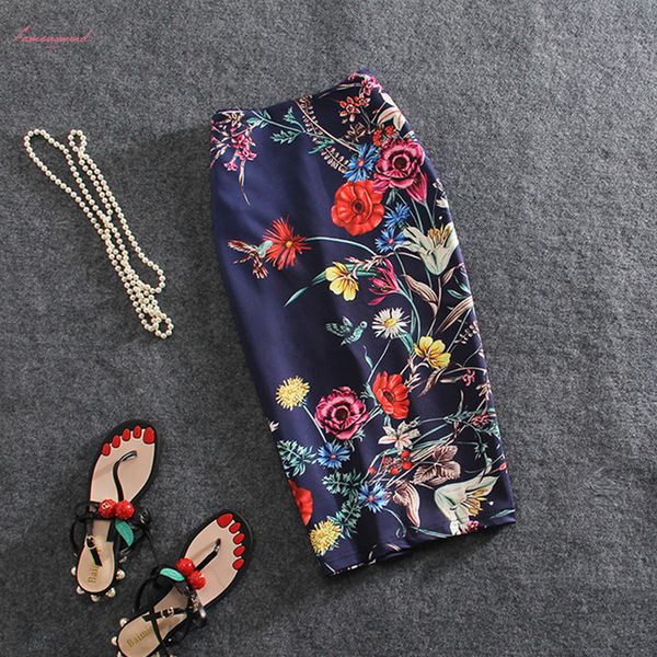 

charming flower print girls pencil skirts lady midi saias female faldas women slim bottoms s 4xl blue clothes drop shipping, Black