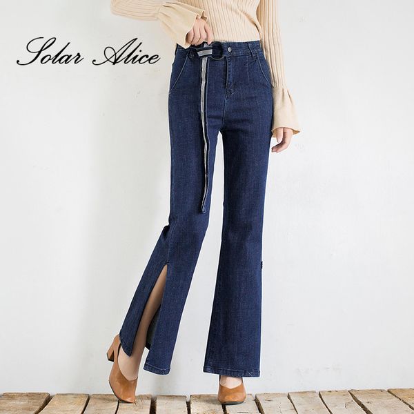 

solar alice 2019 high waist women jeans sashes pockets side splitted wide leg pants plus size loose female jeans, Blue