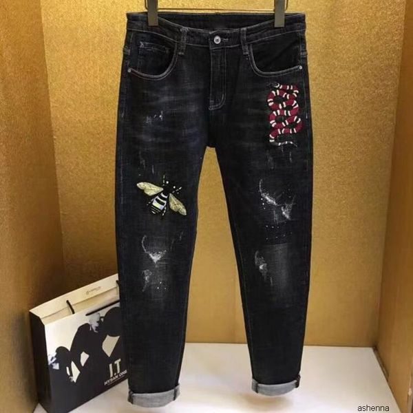 

denim tide brand g spring and summer new mens designer jeans clothes bee snake pattern heavy n1 embroidery pattern hole clothes2c2xxqci, Blue