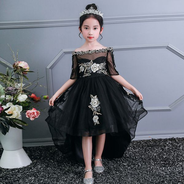 

one-shoulder embroidery trailing dress first communion dress girls flower wedding clothes children baby costume clothing vestido, Red;yellow