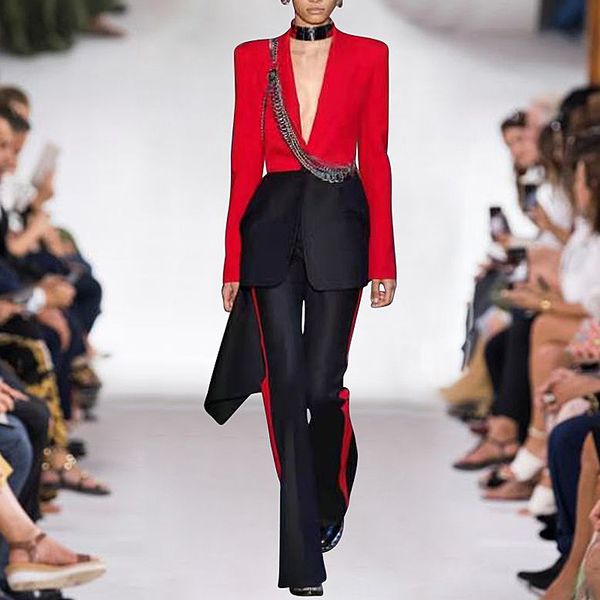 

new fashion autumn party office lapel stitching suit jacket casual trousers vintage elegant chic women's sets, White