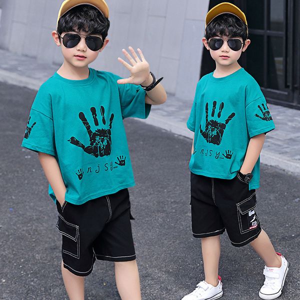 

boys summer clothing set kids short sleeve sports suit childrens palm print clothes tracksuit short t-shirt & shorts 2 pcs x523 t200414, White
