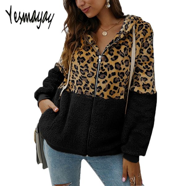 

fashion autumn winter jacket women hooded leopard patchwork female warm coat with zip casual jacket chaqueta mujer 2019, Black