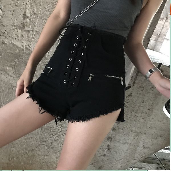 

2019 summer new fashion zipper high waist shorts female college style lace up korean denim shorts, Blue