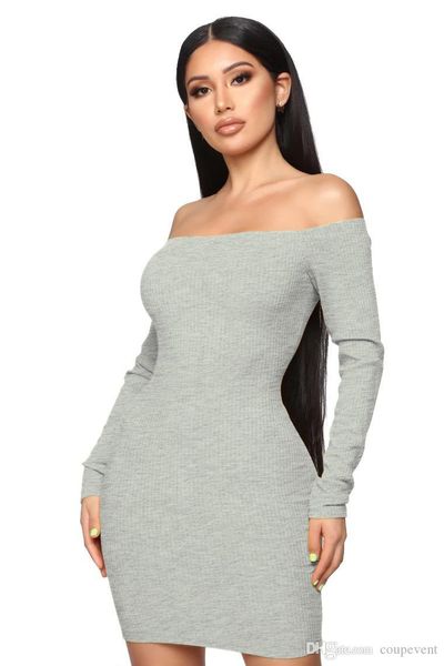 

женщины твердые вязаный оболочка платье slash шеи длинным рукавом bodycon пр платья, Black;gray