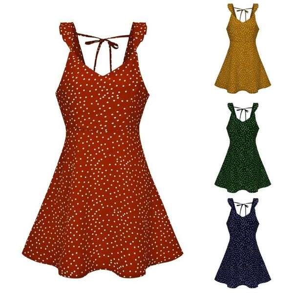 

2020 summer backless sundress a-line dots sweet sleeveless beachwear mini dress ruffles tank v-neck bandage stylish dress #33, Black;gray