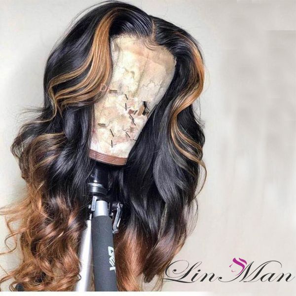 

13x6 deep part lace front human hair wigs 180% density brazilian remy wavy human hair pre-plucked hairline, Black;brown
