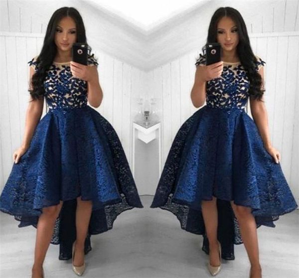

navy blue lace prom cocktail dresses a line high low scoop neck short party gowns homecoming dresses, Black
