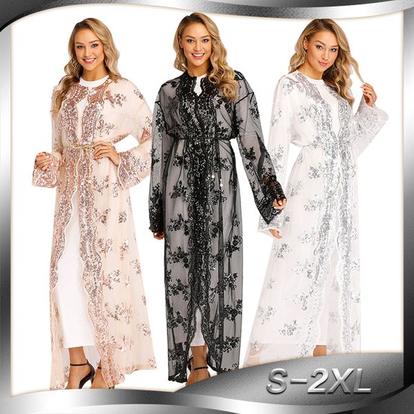 

factory price muslim women sequined lace abaya dress s-2xl plus size middle east women evening party kimono, Red