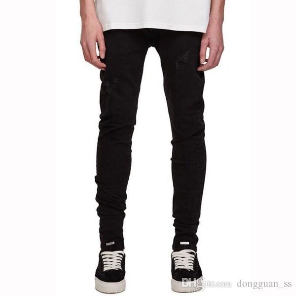 

real pics new style men's distressed destroyed pants white ripped patches black skinny biker jeans slim trousers, Blue