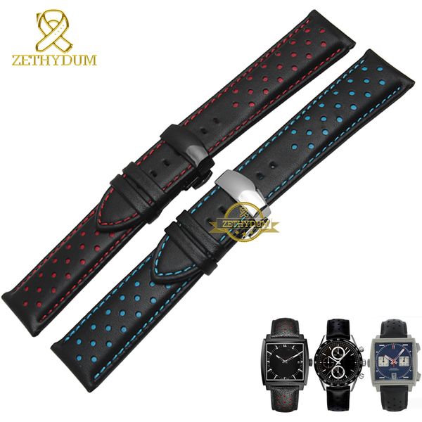 

genuine leather watchband charm leather bracelet sport watch strap 20 22mm mens wristwatches band belts black blue red stitched, Black;brown