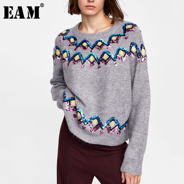

eam] 2020 new spring autumn round neck long sleeve gray beaded diamond large size knitting sweater women fashion tide jh984, White;black