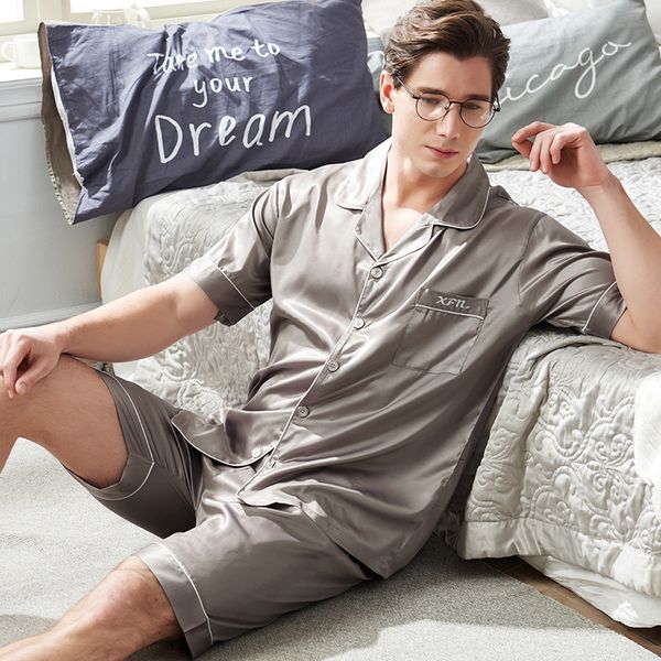

brand mens silk satin pajamas pyjamas set sleepwear lounge shorts set male 4xl 5xl plus size ice silk pijama fits all seasons, Black;brown
