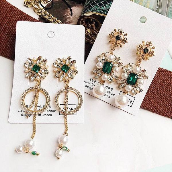 

mengjiqiao new europe and america vintage crystal flower dangle earrings for women rhinestone circle simulated pearl brinco, Silver