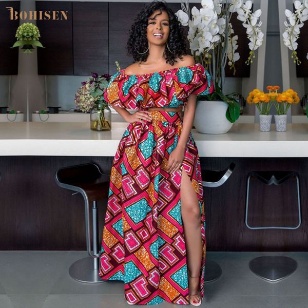 

bohisen dashiki african clothes for women bazin ankara dresses clothing suits short sleeve african print women dresses, Red