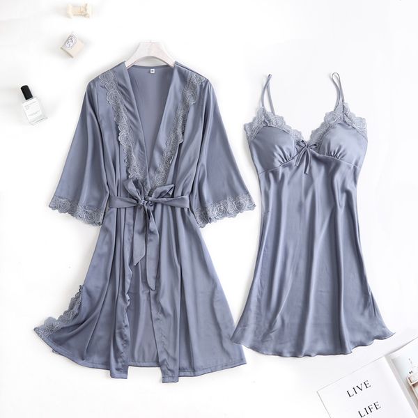 

autumn women nightgown sets 2 pieces nightdress bathrobe with chest pad female satin kimono bath gown sleepwear pink robes suit, Black;red