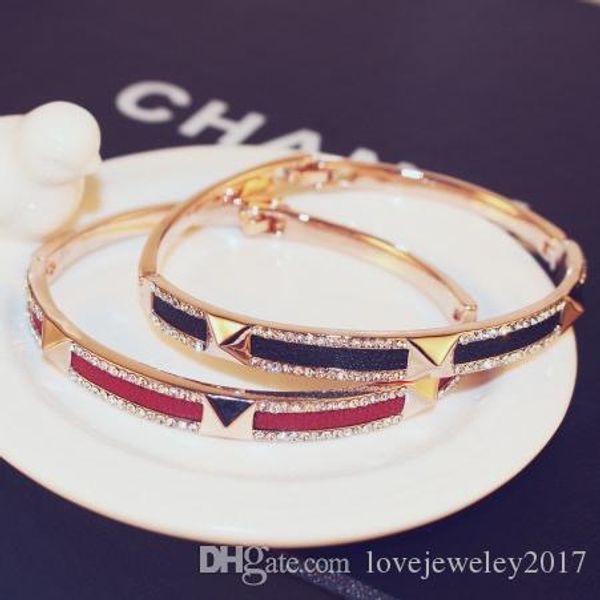 

luxury bracelets punk rivet bangle with diamonds and leather designer for women rose gold bracelet with zircon brand fashion jewelry, Black